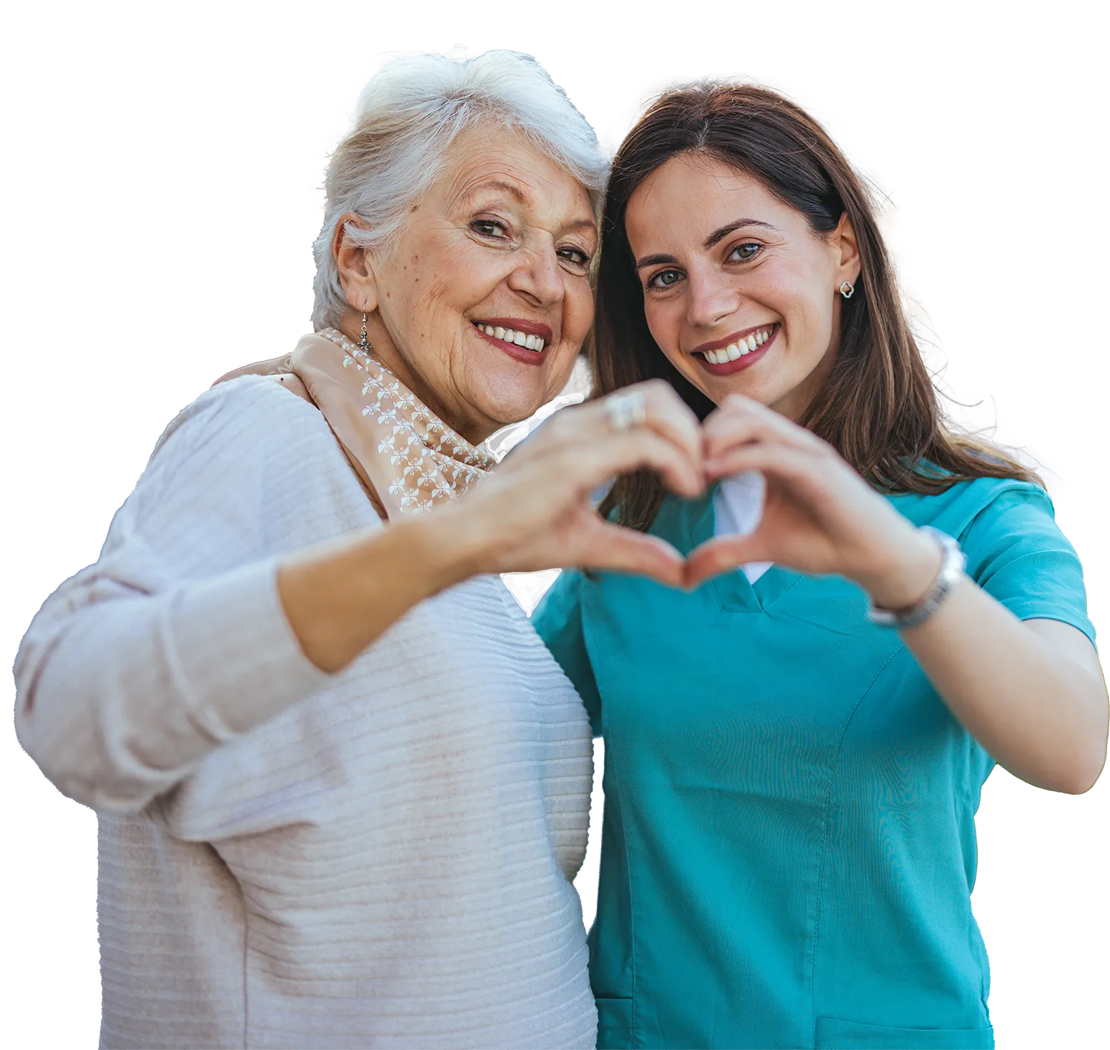 Senior woman and caregiver forming heart with hands
